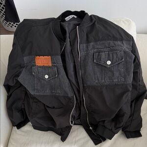 Men's Black Bomber Jacket with Dark Gray Denim Pockets